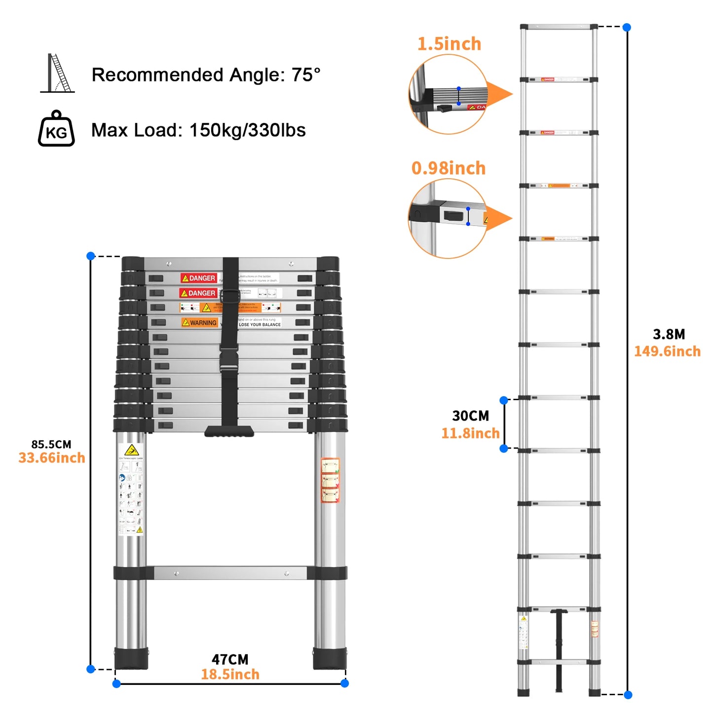 Telescopic Stainless Steel Ladder – 150kg Capacity, Extendable Folding Ladder for Home, Roof, RV & Maintenance