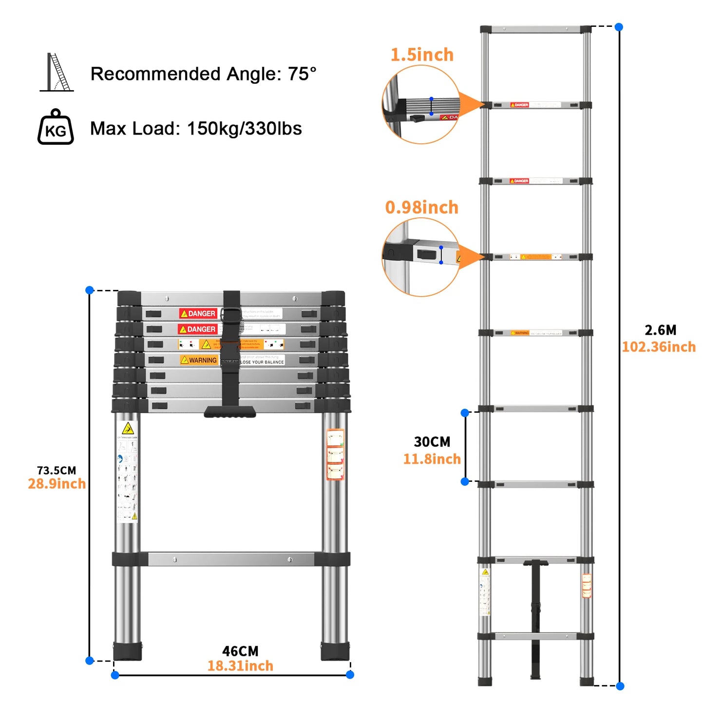 Telescopic Stainless Steel Ladder – 150kg Capacity, Extendable Folding Ladder for Home, Roof, RV & Maintenance