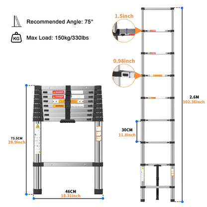 Telescopic Stainless Steel Ladder – 150kg Capacity, Extendable Folding Ladder for Home, Roof, RV & Maintenance