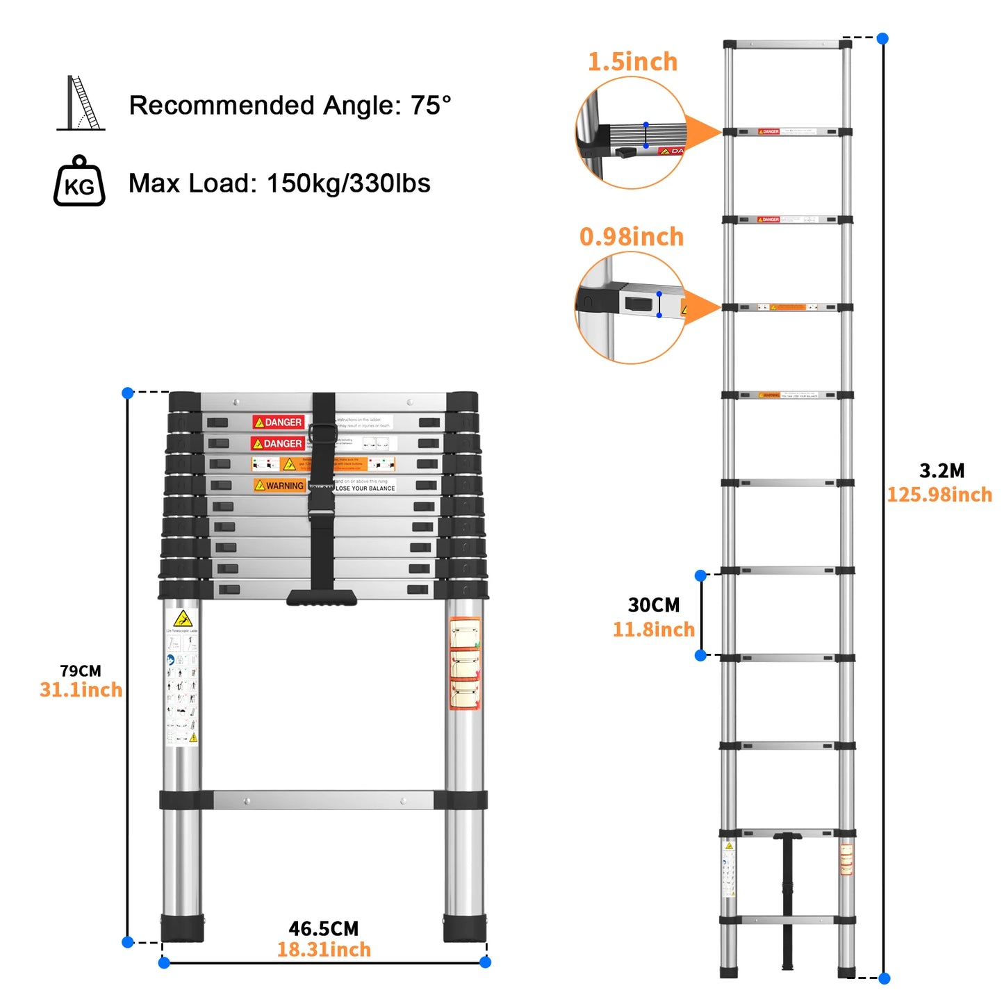 Telescopic Stainless Steel Ladder – 150kg Capacity, Extendable Folding Ladder for Home, Roof, RV & Maintenance