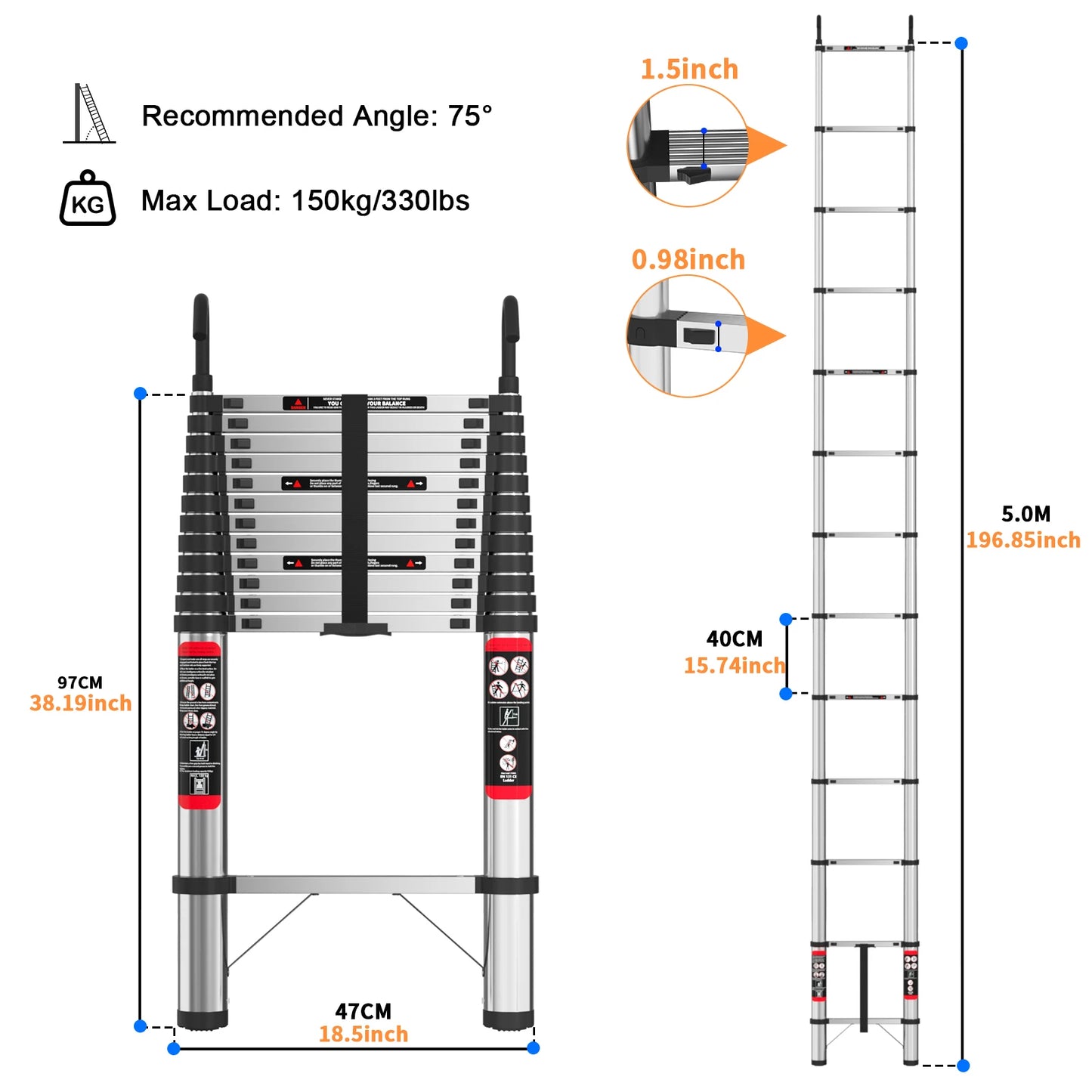 Telescopic Stainless Steel Ladder – 150kg Capacity, Extendable Folding Ladder for Home, Roof, RV & Maintenance